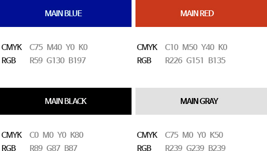 Main Blue Color - CMYK: C75 M40 Y0 K0, RGB: R59 G130 B197 / Main Red Color - CMYK: C10 M50 Y40 K0, RGB: R226 G151 B135 / Main Black Color - CMYK: C0 M0 Y0 K80, RGB: R89 G87 B87 / Main Gray Color - CMYK: C75 M0 Y0 K50, RGB: R239 G239 B239